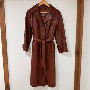 Skin Gear Vintage Leather Trench Coat Womens Size‎ S Brown Quilted Detail Belted